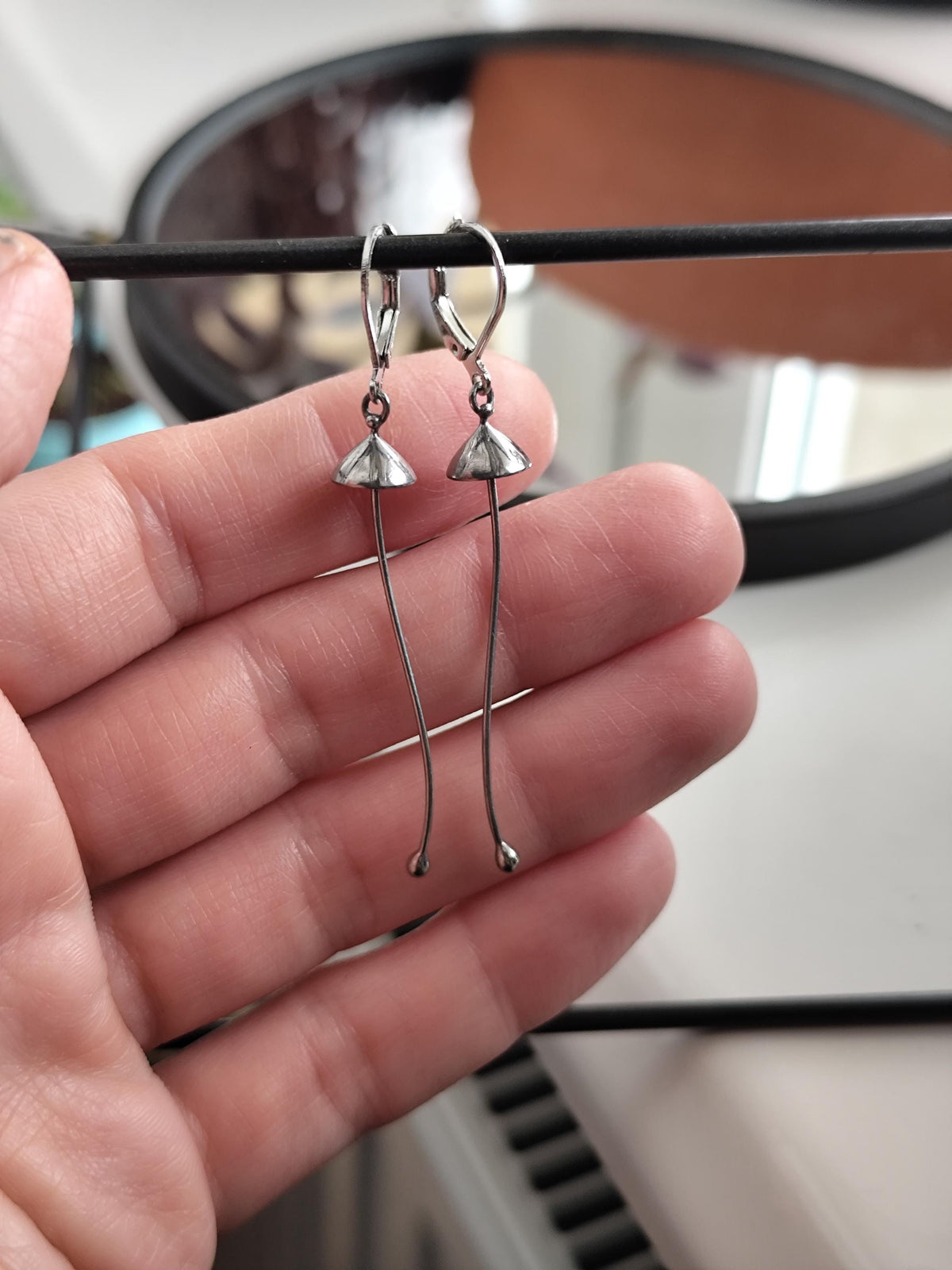 Silver Tone Mushroom Dangle Earrings – Copper & Pewter Forest