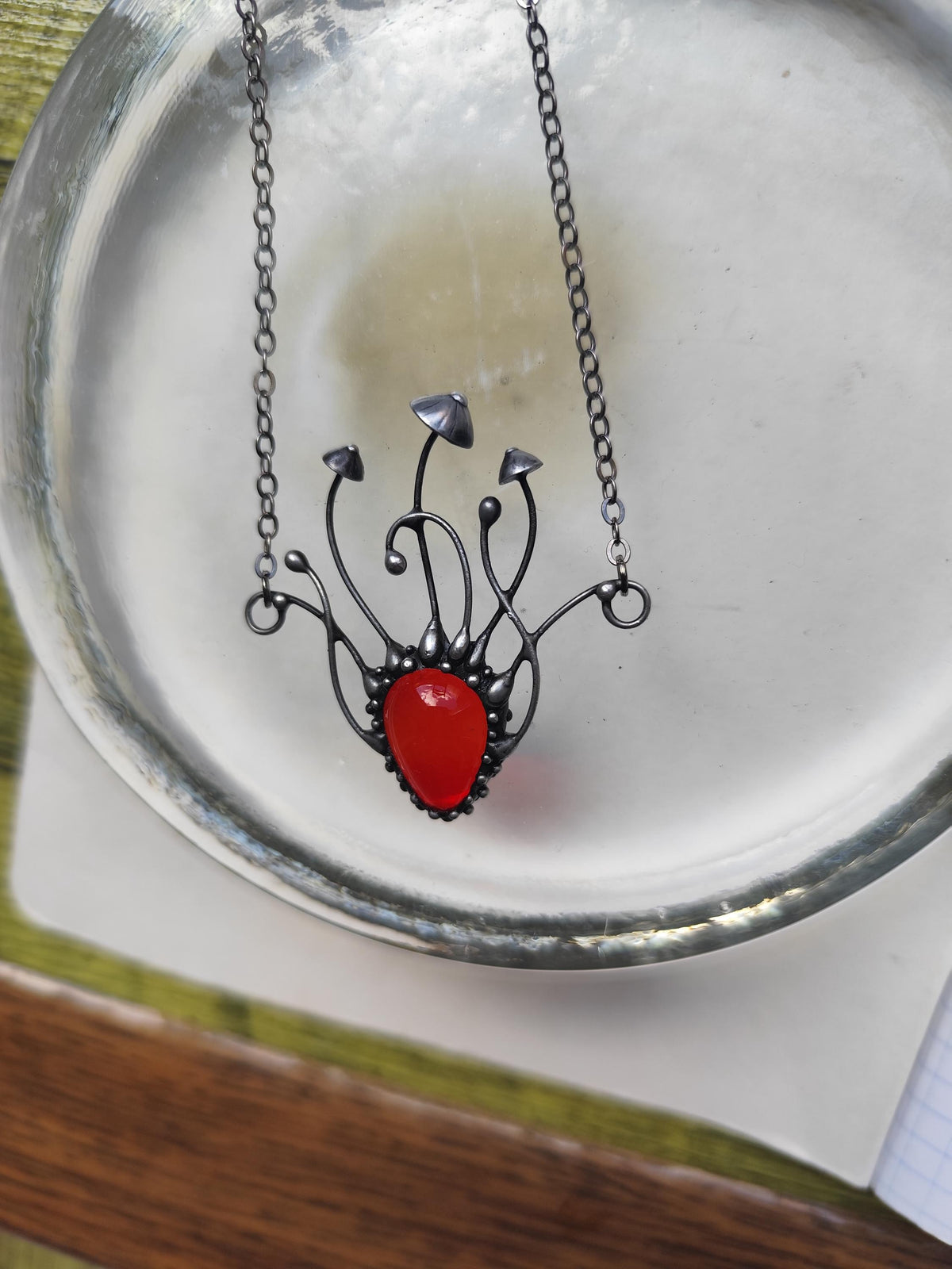 Red Glass Mushroom Necklace – Blackened Copper Forest Pendant – Sculptural Fungi