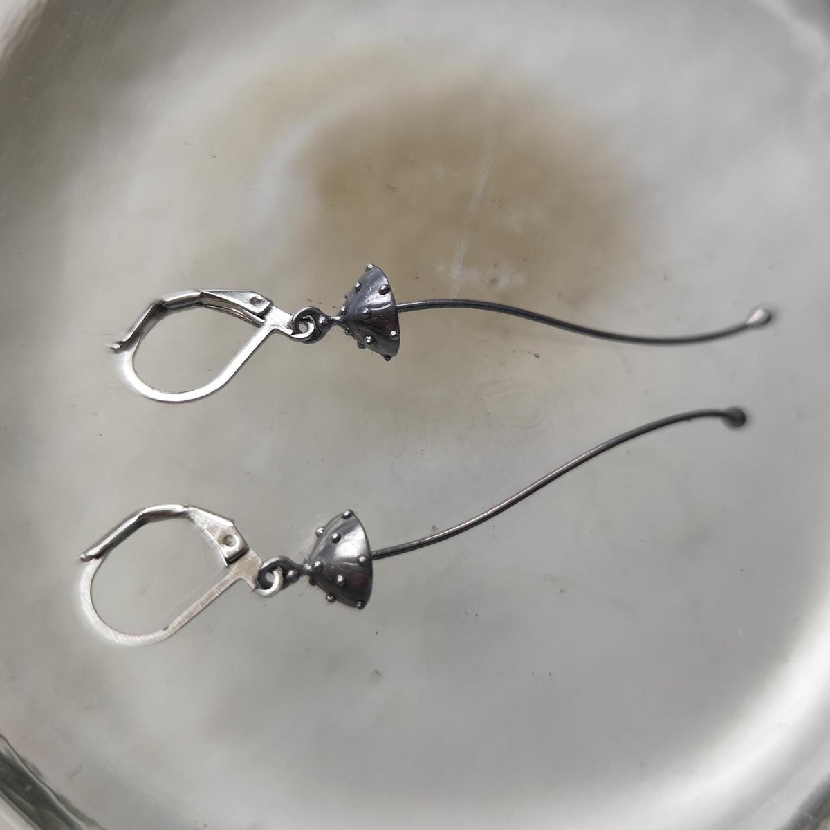 Silver Amanita Mushroom Earrings – Long Copper & Pewter Dangles – Minimalist Forest