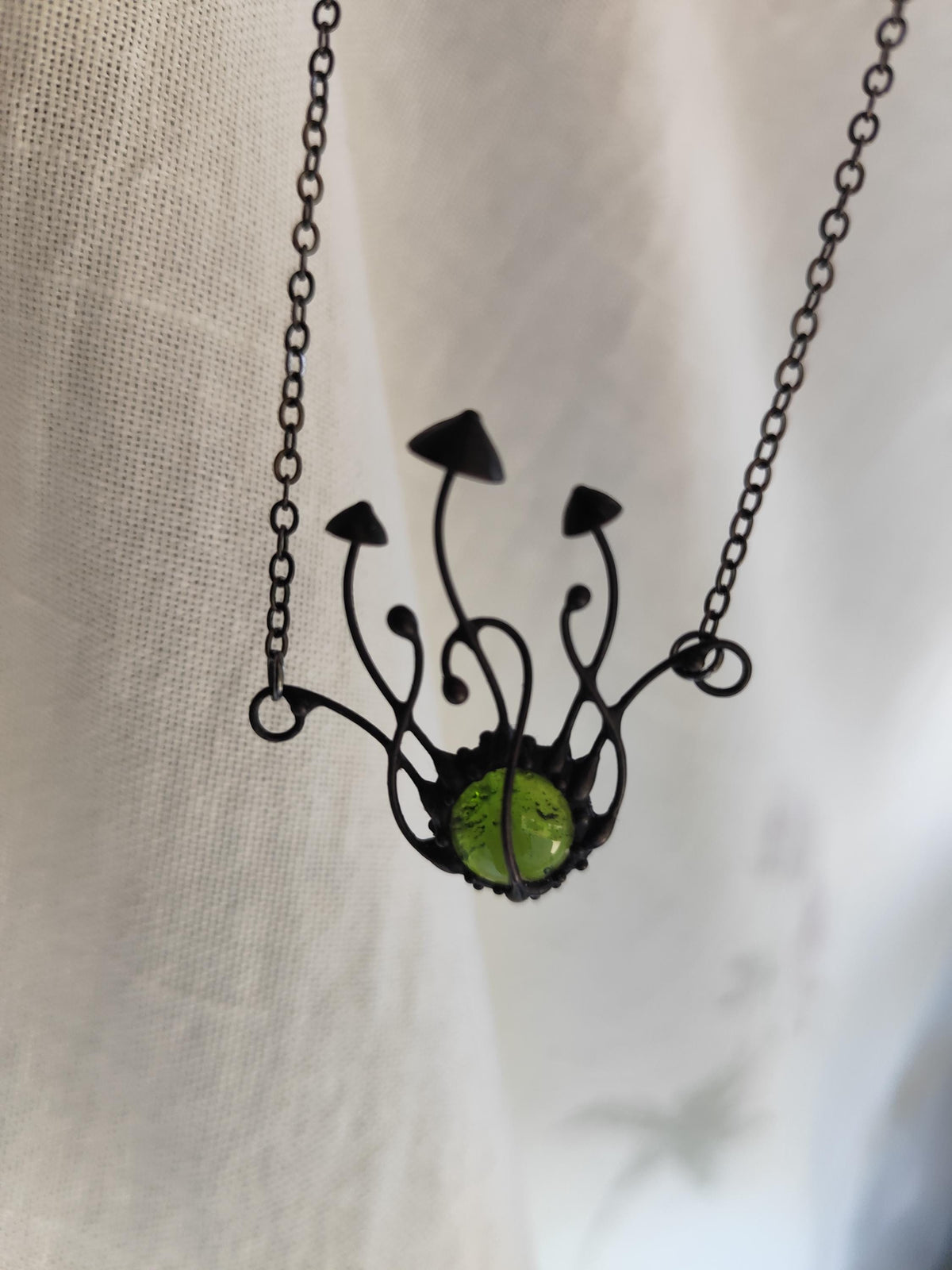 Green Glass Mushroom Necklace – Blackened Copper & Pewter Botanical Pendant – Sculptural Forest