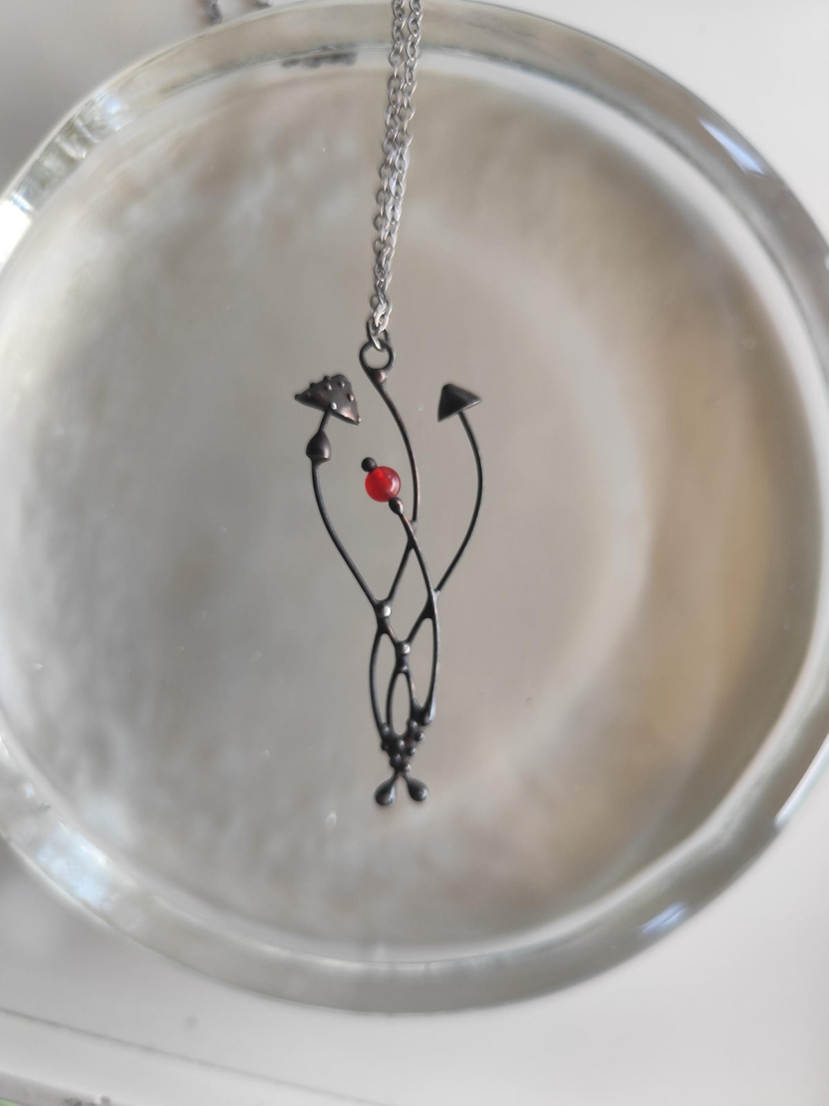 Mushroom Necklace with Red Bead – Blackened Copper