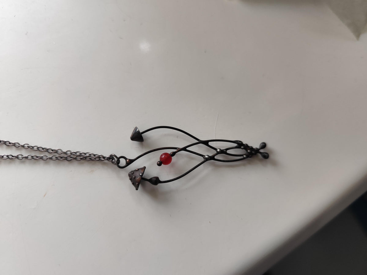 Mushroom Necklace with Red Bead – Blackened Copper