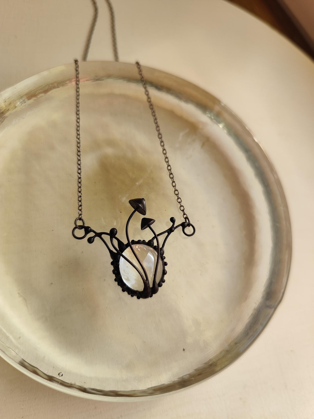 Clear Glass Mushroom Necklace – Blackened Copper & Pewter Botanical Pendant – Sculptural Forest