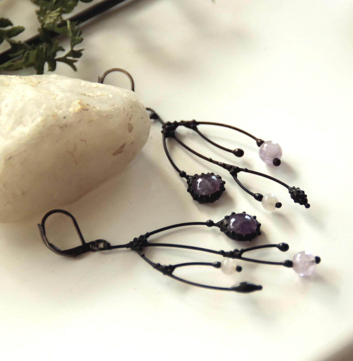 Amethyst Asymmetrical Branch Earrings – Blackened Copper