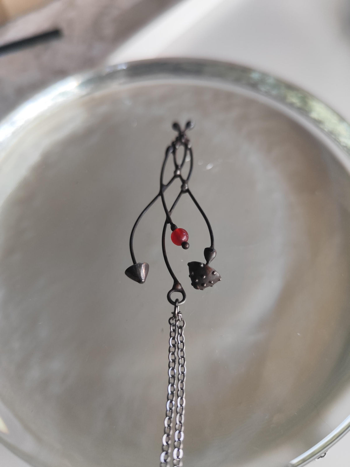 Mushroom Necklace with Red Bead – Blackened Copper
