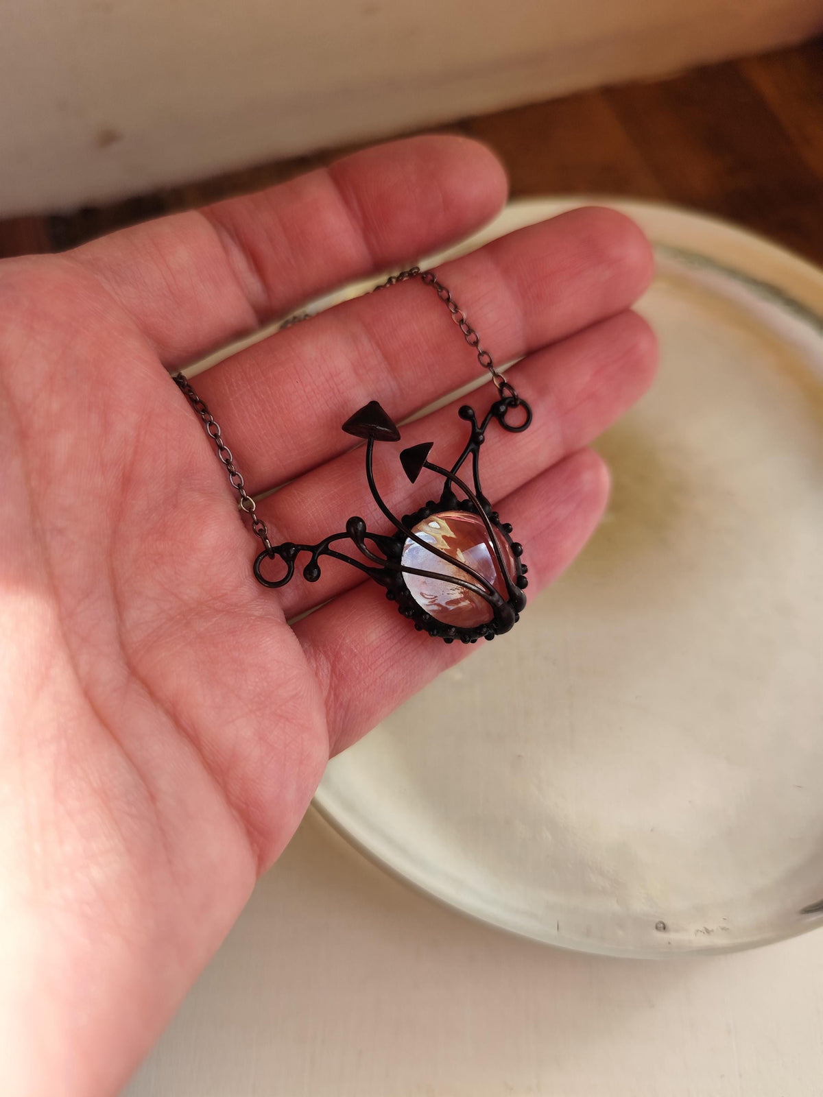 Clear Glass Mushroom Necklace – Blackened Copper & Pewter Botanical Pendant – Sculptural Forest