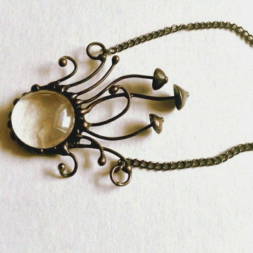 Green Glass Mushroom Necklace – Blackened Copper Forest Centerpiece – Psychedelic Botanical