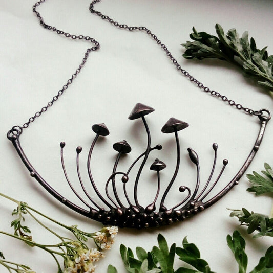 Large Mushroom Arc Necklace – Blackened Copper & Pewter Forest Collar – Psychedelic
