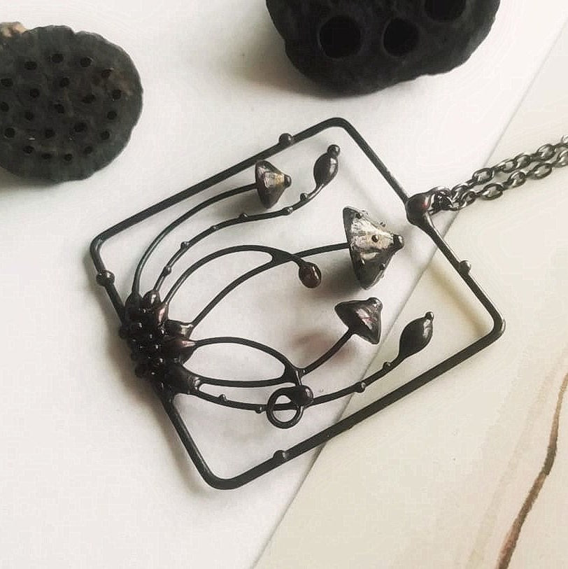 Square Mushroom Necklace – Copper & Pewter