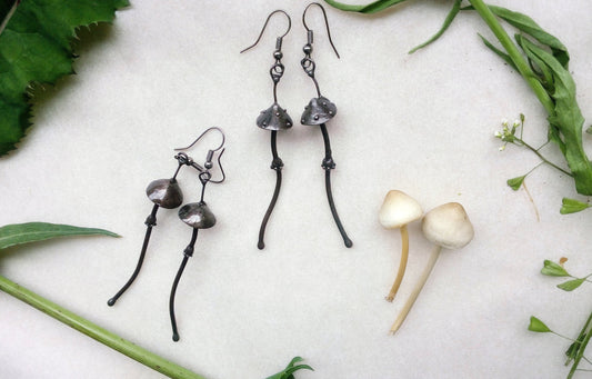 Long Mushroom Earrings – Blackened Copper