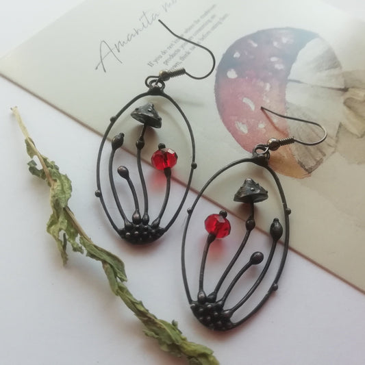 Red Glass Amanita Mushroom Earrings – Blackened Copper Oval Forest Dangles – Botanical