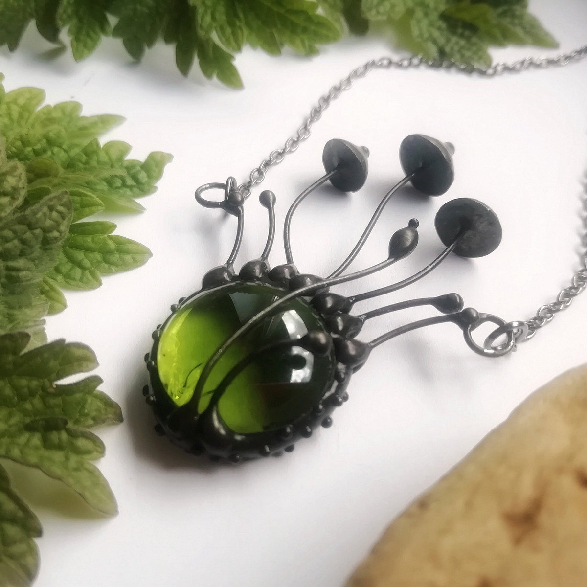 Green Glass Mushroom Cluster Necklace – Blackened Copper