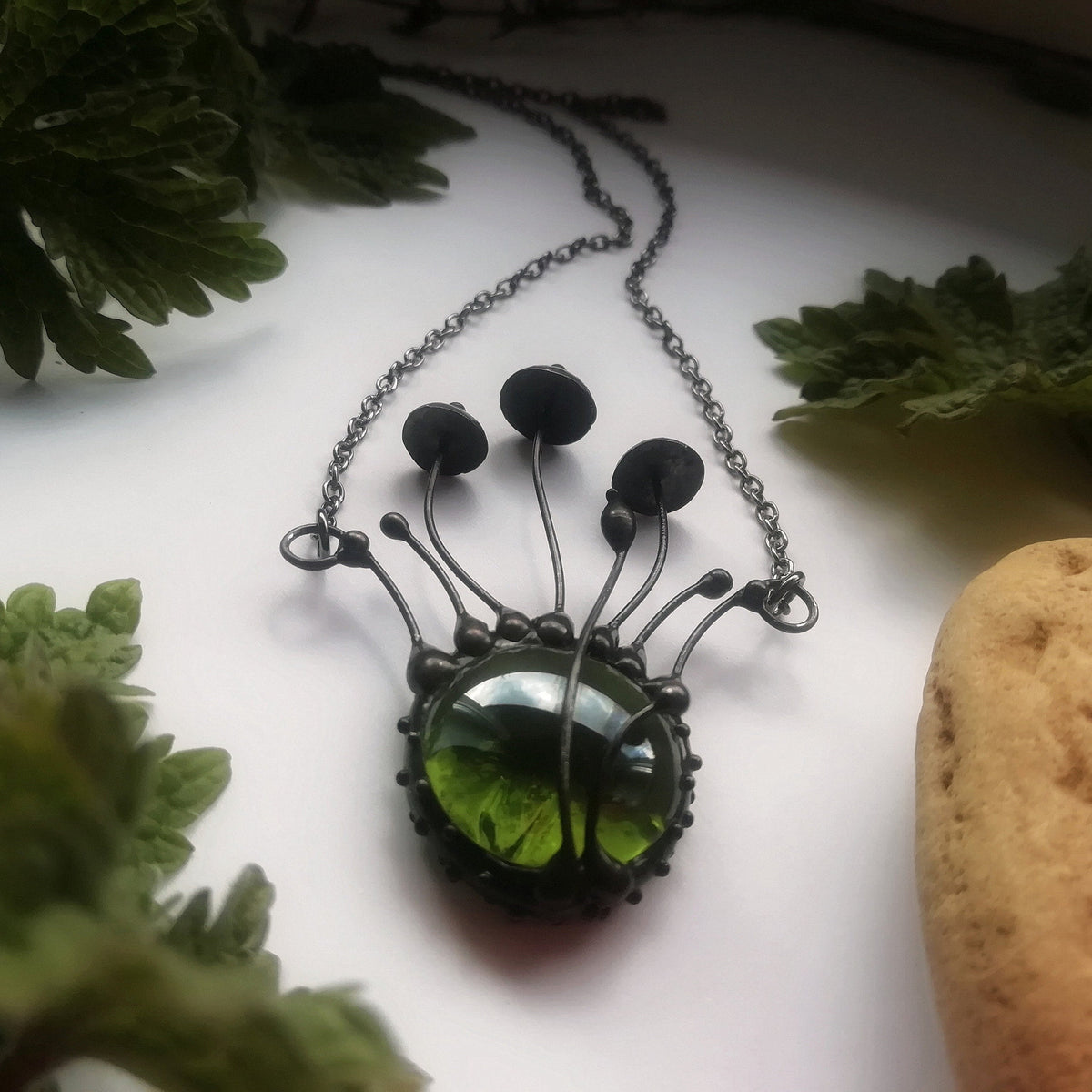 Green Glass Mushroom Cluster Necklace – Blackened Copper