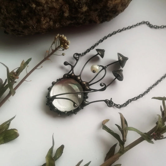 Clear Glass Pearl Mushroom Necklace – Blackened Copper Forest Centerpiece – Botanical