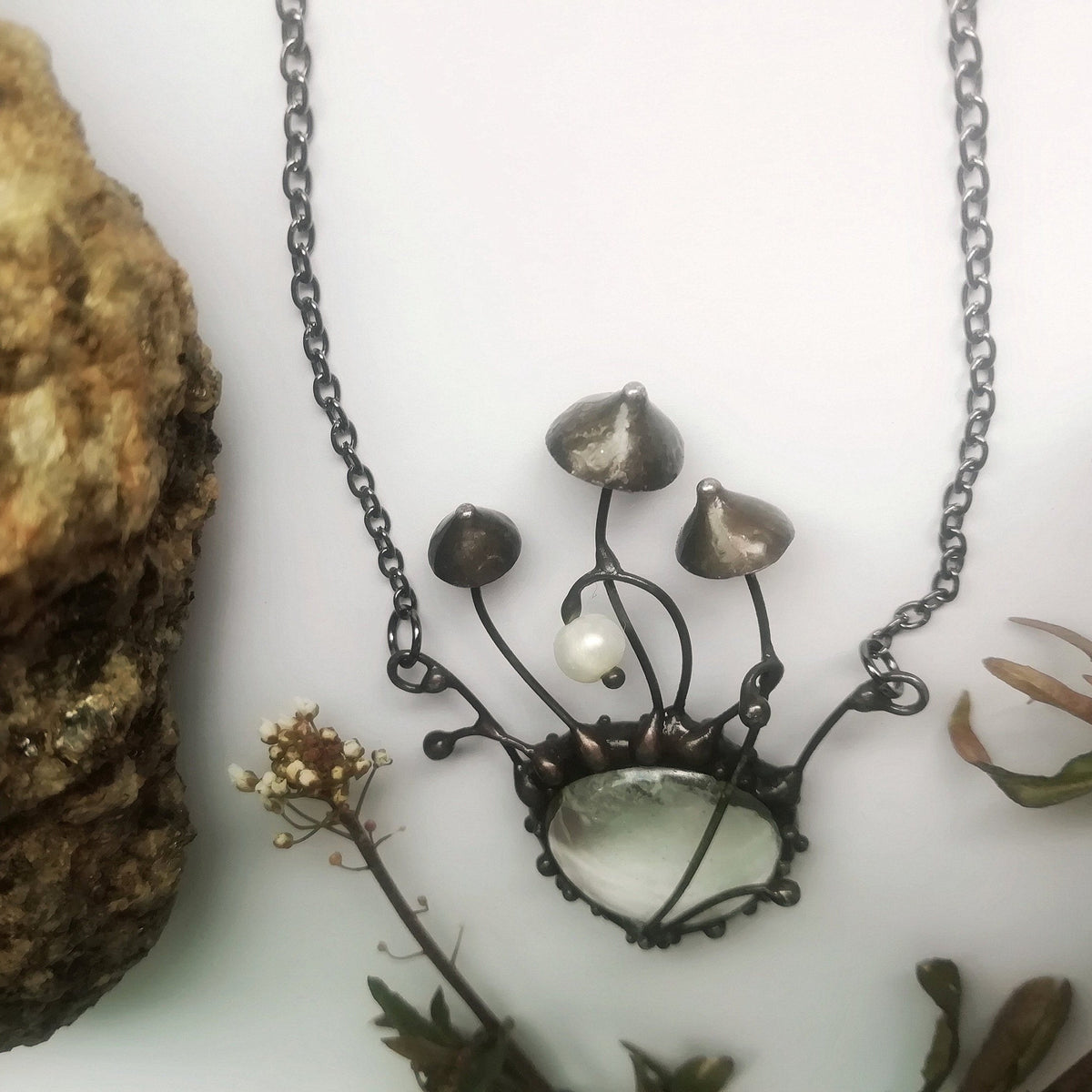 Clear Glass Pearl Mushroom Necklace – Blackened Copper Forest Centerpiece – Botanical
