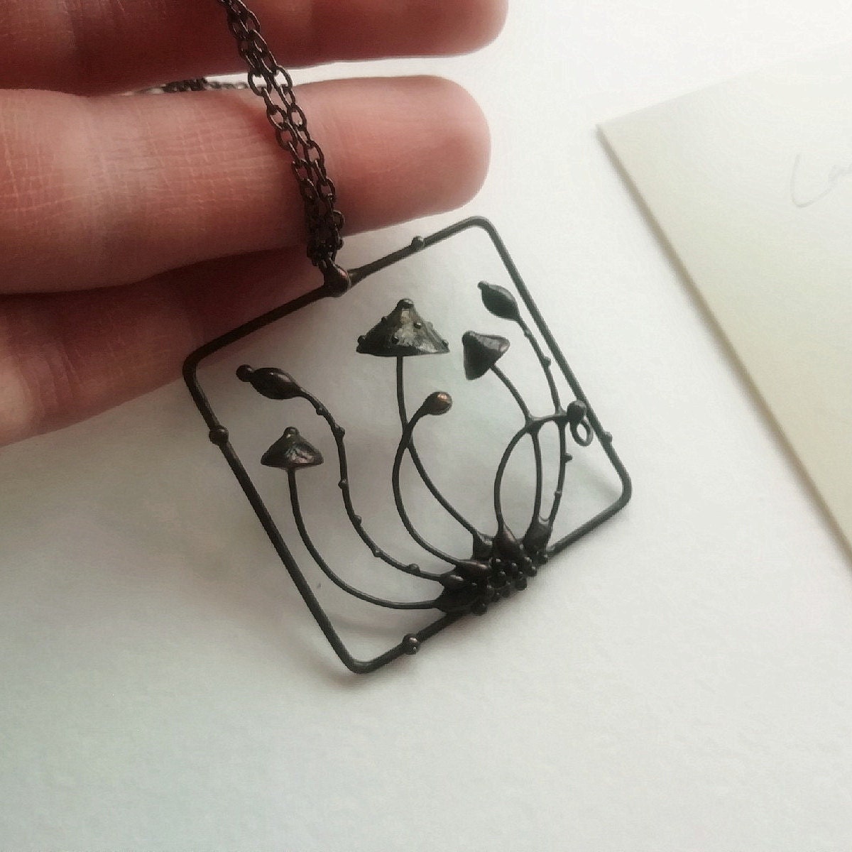 Square Mushroom Necklace – Copper & Pewter