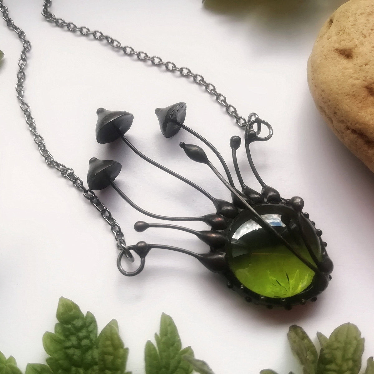 Green Glass Mushroom Cluster Necklace – Blackened Copper