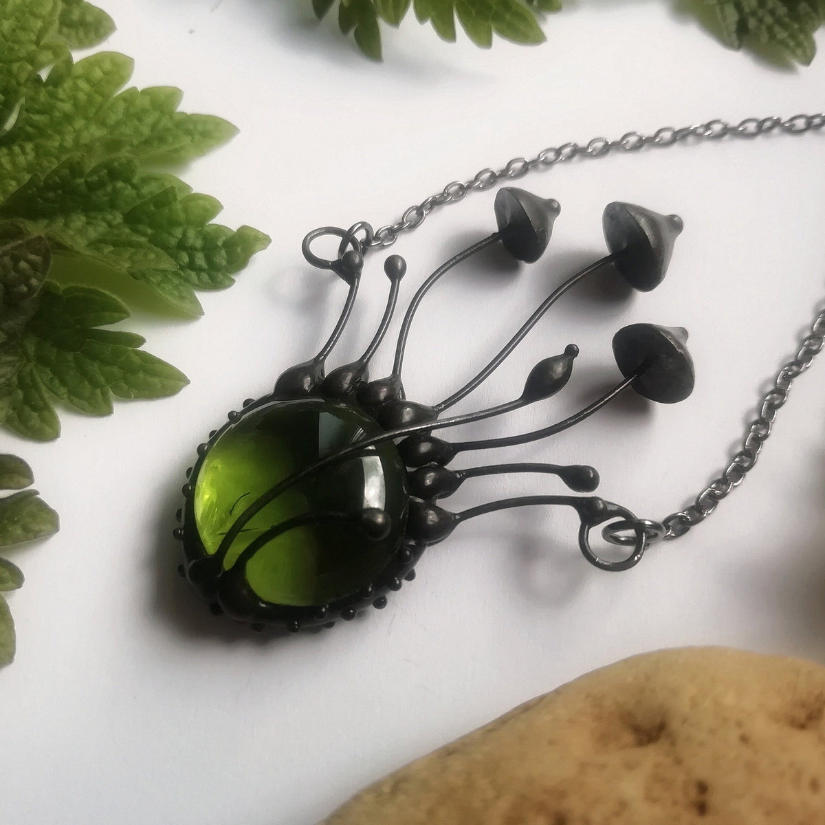 Green Glass Mushroom Cluster Necklace – Blackened Copper