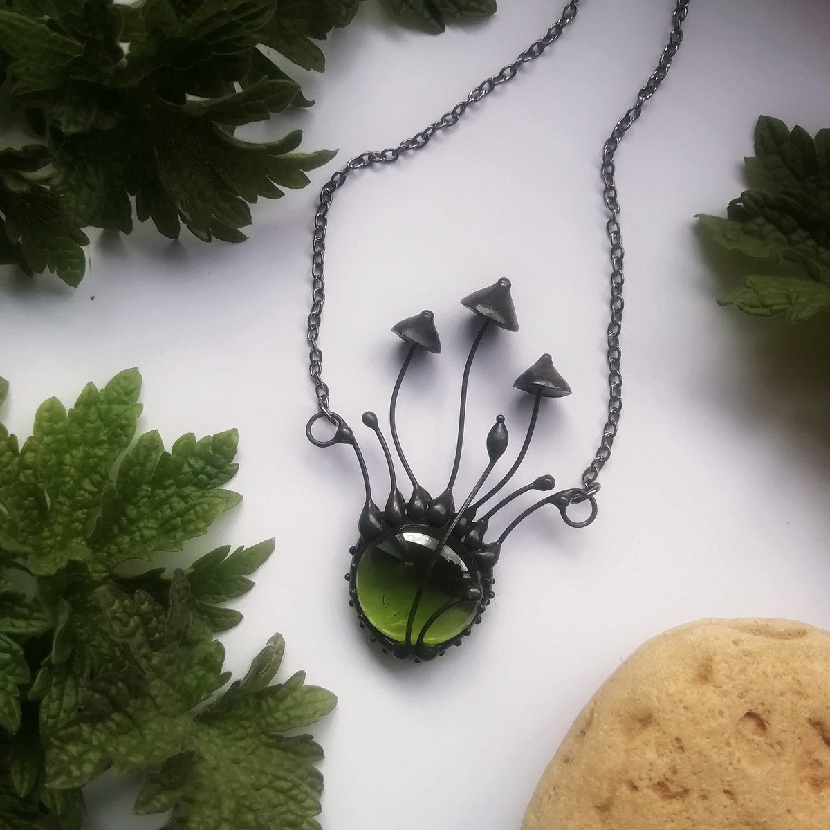Green Glass Mushroom Cluster Necklace – Blackened Copper