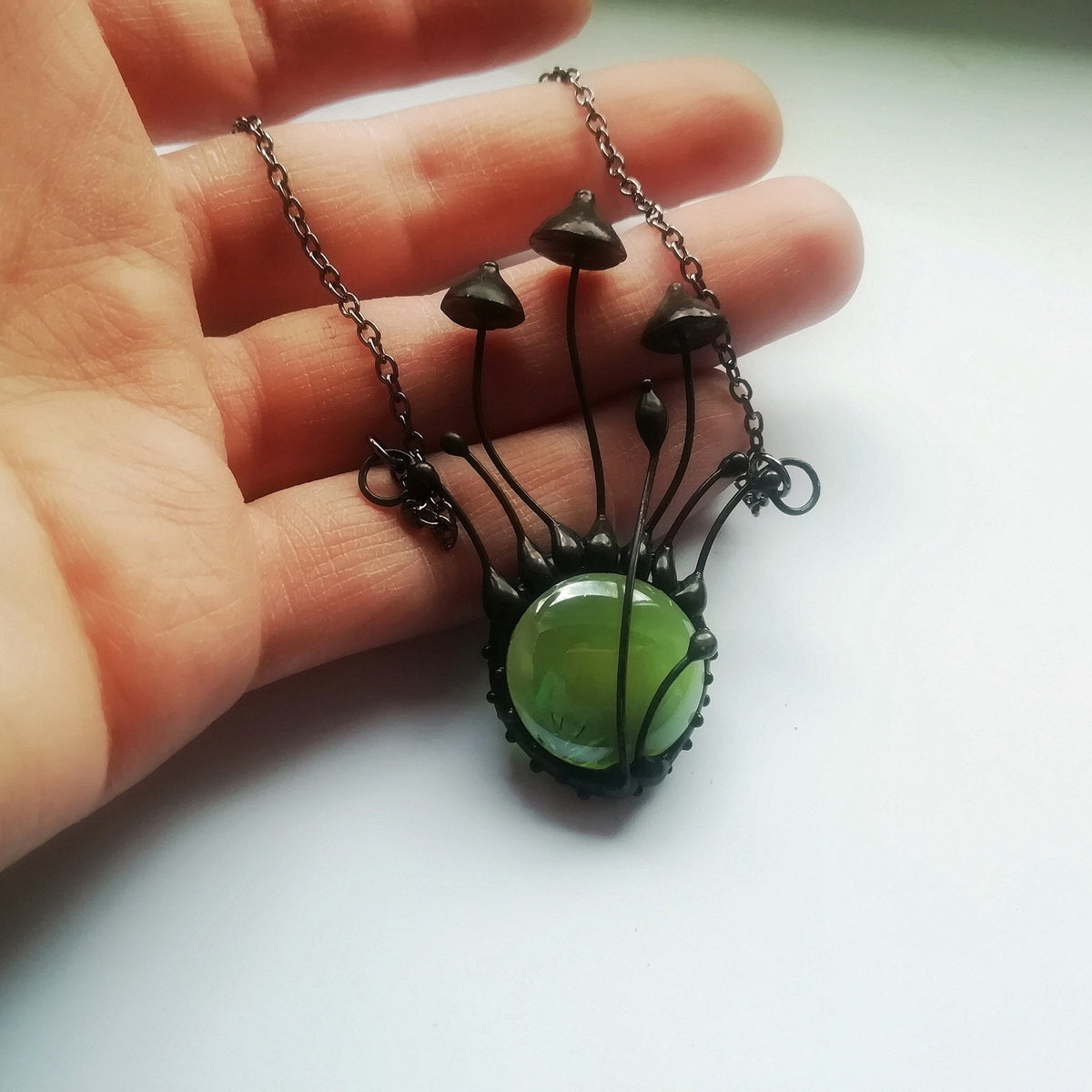Green Glass Mushroom Cluster Necklace – Blackened Copper