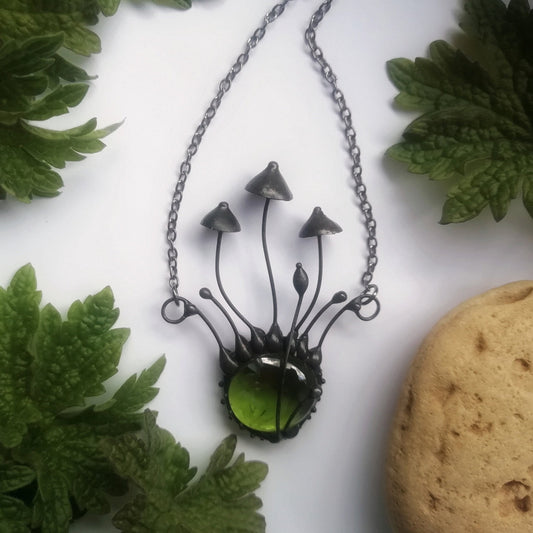 Green Glass Mushroom Cluster Necklace – Blackened Copper