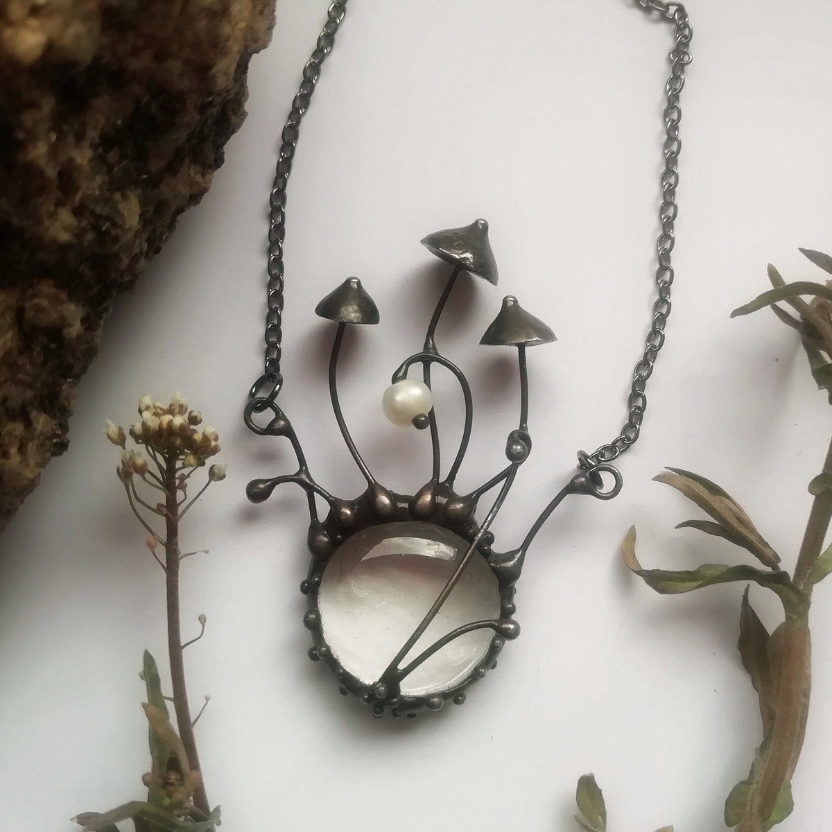Clear Glass Pearl Mushroom Necklace – Blackened Copper Forest Centerpiece – Botanical
