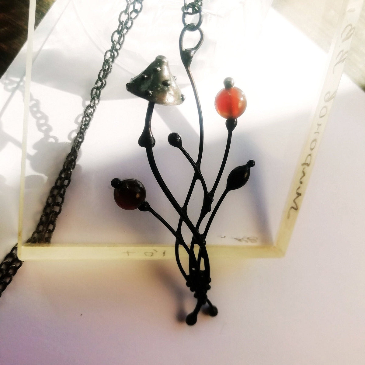Red Glass Amanita Mushroom Necklace – Blackened Copper Forest Pendant – Botanical