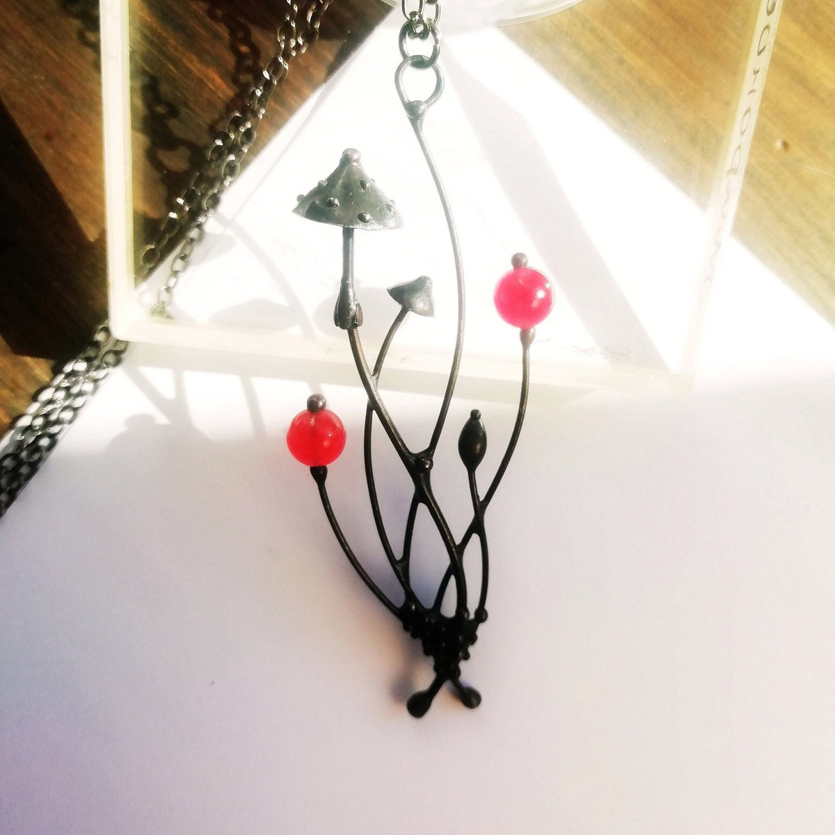 Red Glass Amanita Mushroom Necklace – Blackened Copper Forest Pendant – Botanical