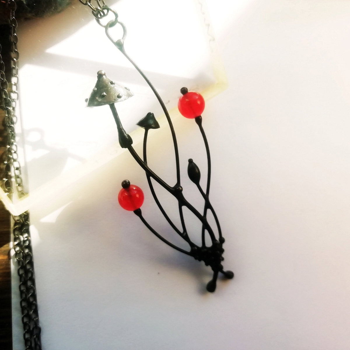 Red Glass Amanita Mushroom Necklace – Blackened Copper Forest Pendant – Botanical