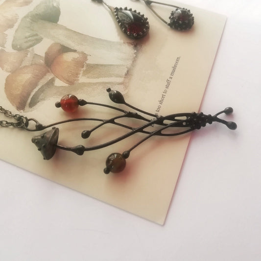 Brown and Red Glass Mushroom Necklace – Blackened Copper