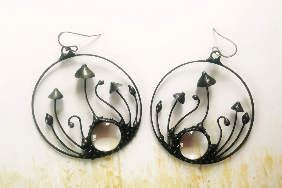 Clear Glass Mushroom Hoop Earrings – Blackened Copper Round Forest Dangles – Botanical