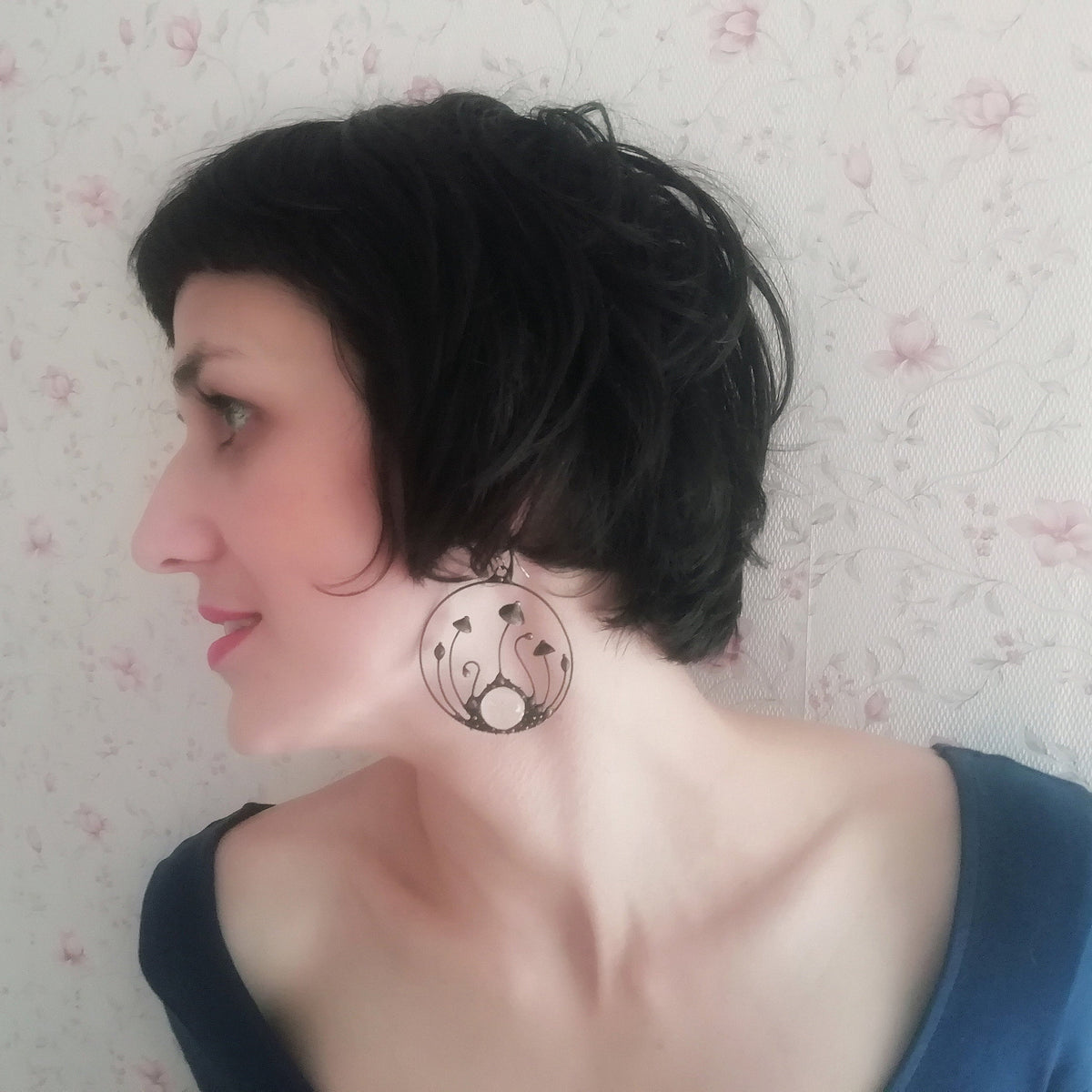 Clear Glass Mushroom Hoop Earrings – Blackened Copper Round Forest Dangles – Botanical
