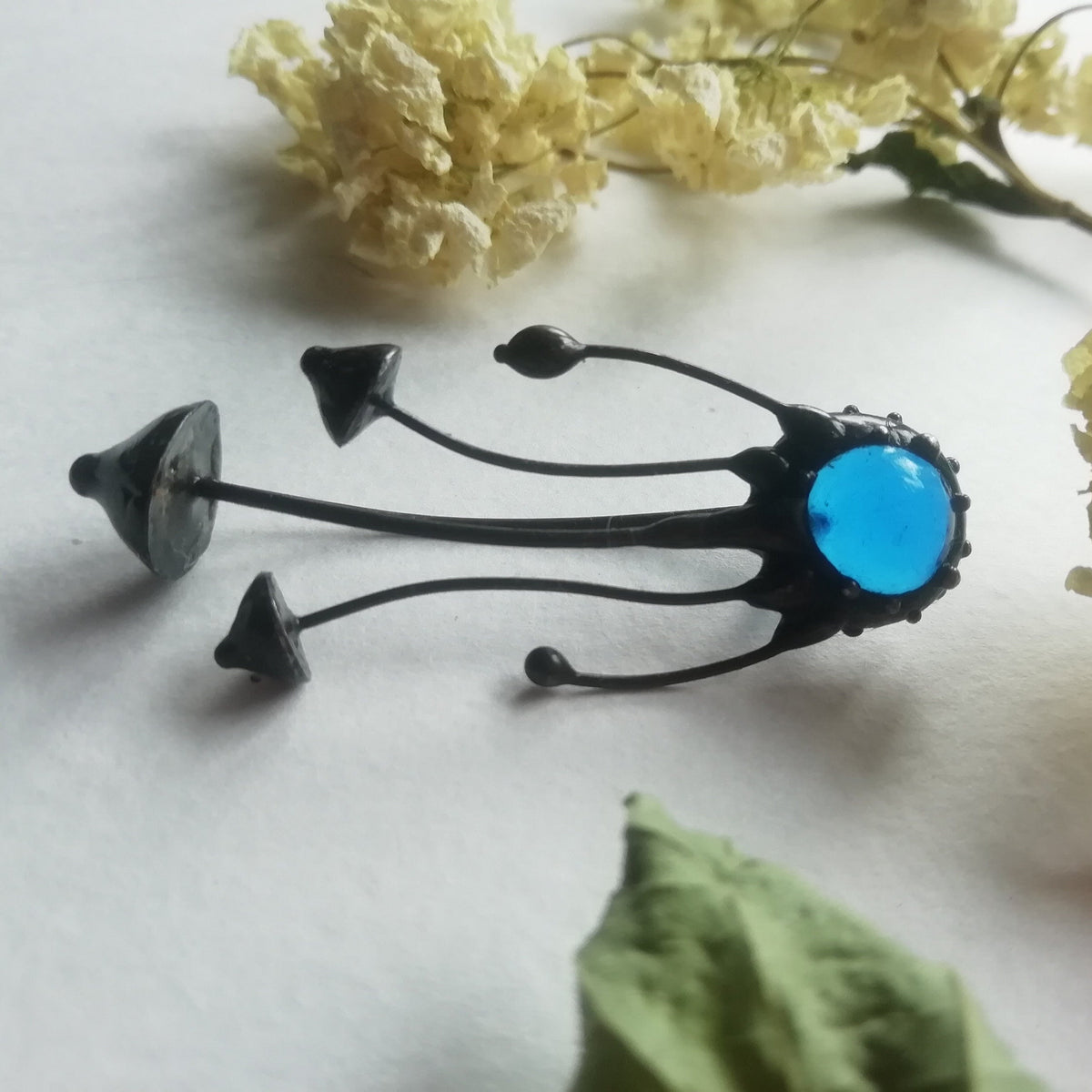 Blue Glass Mushroom Trio Brooch – Blackened Copper