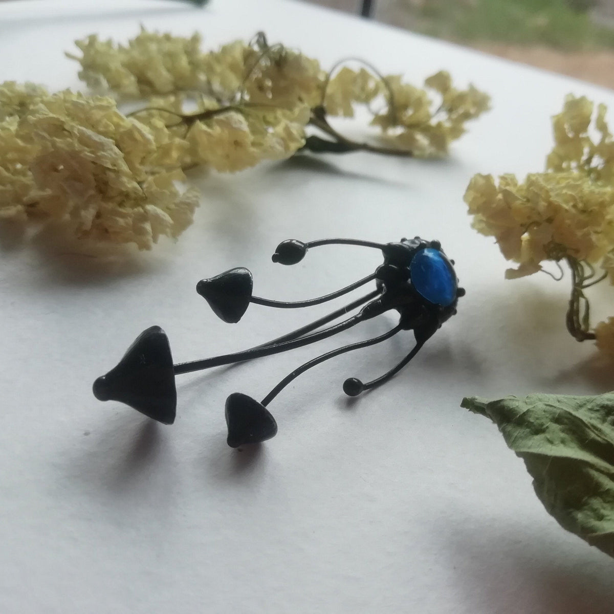 Blue Glass Mushroom Trio Brooch – Blackened Copper