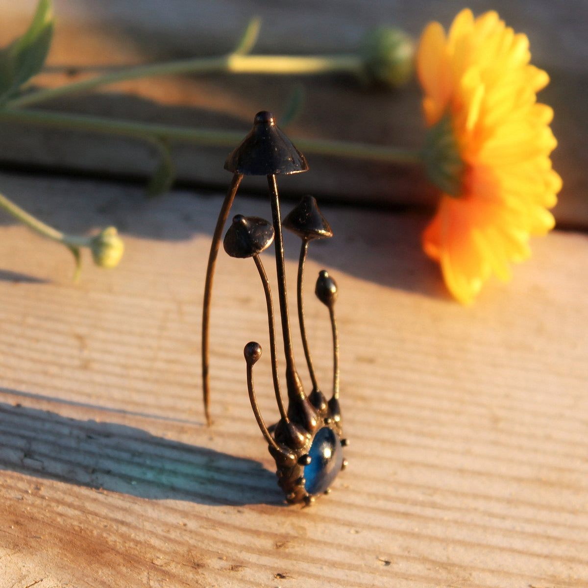 Blue Glass Mushroom Trio Brooch – Blackened Copper