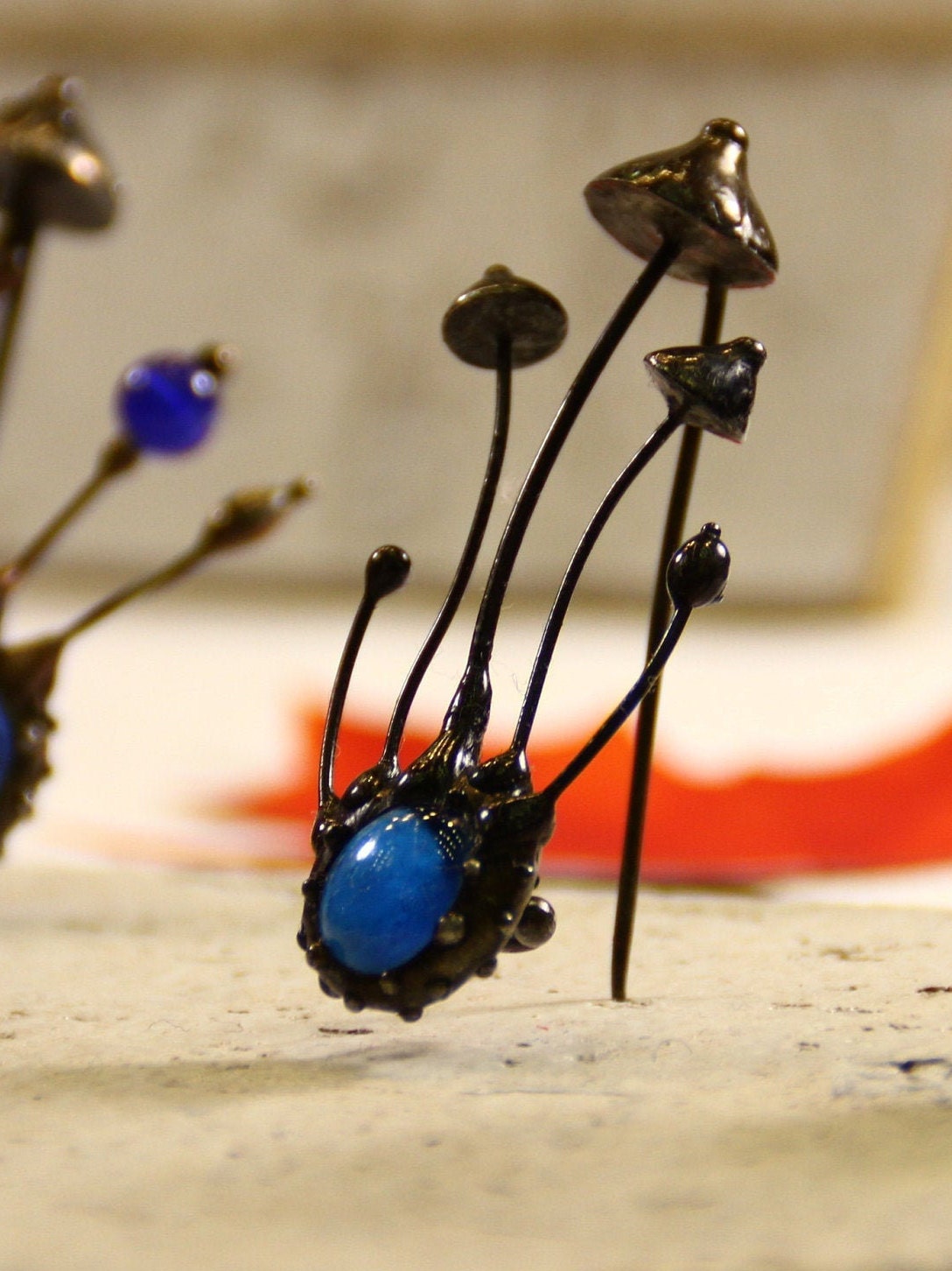Blue Glass Mushroom Trio Brooch – Blackened Copper