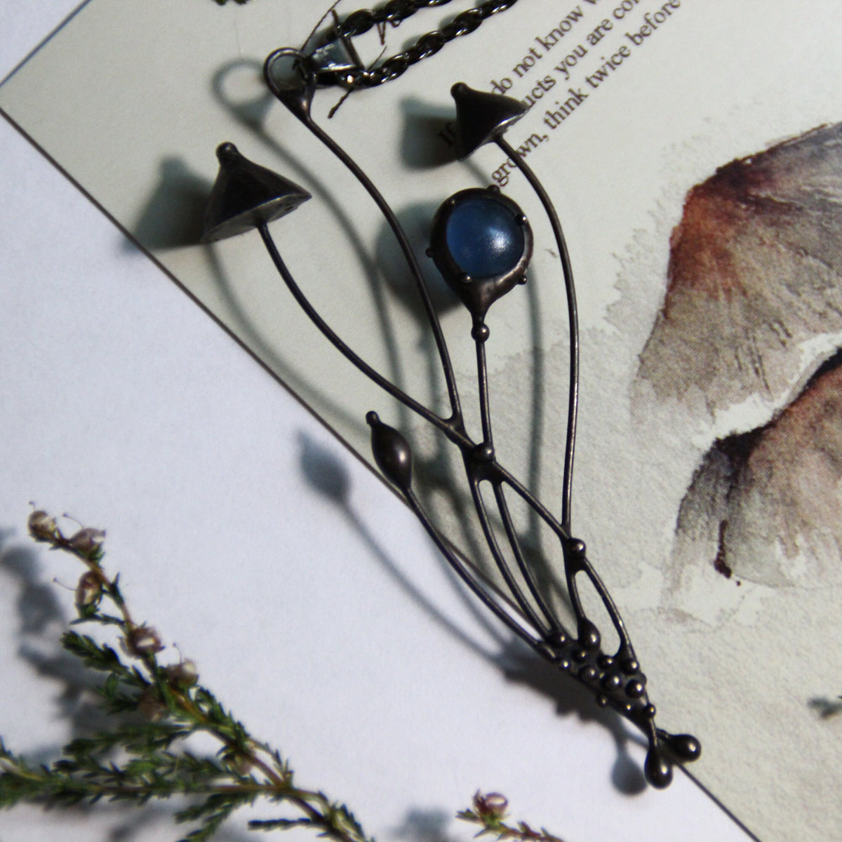 Blue Glass Mushroom Cluster Necklace – Blackened Copper