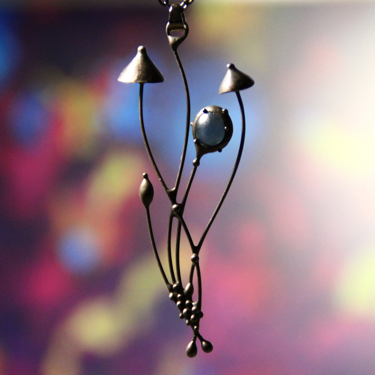 Blue Glass Mushroom Cluster Necklace – Blackened Copper