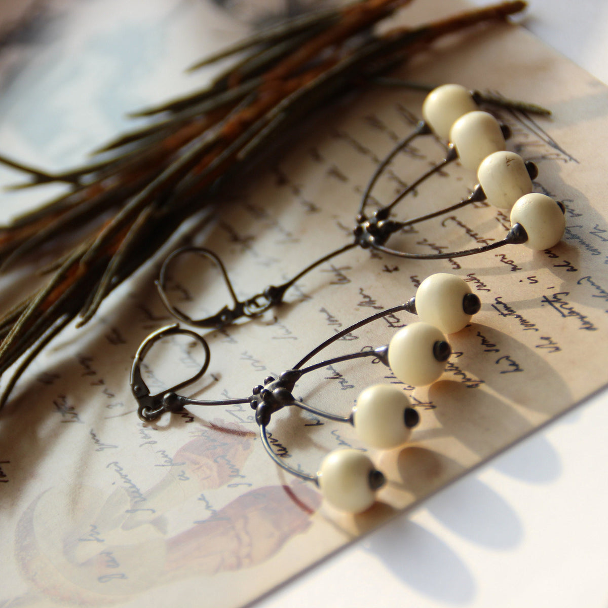 Bone Bead Branch Earrings – Blackened Copper