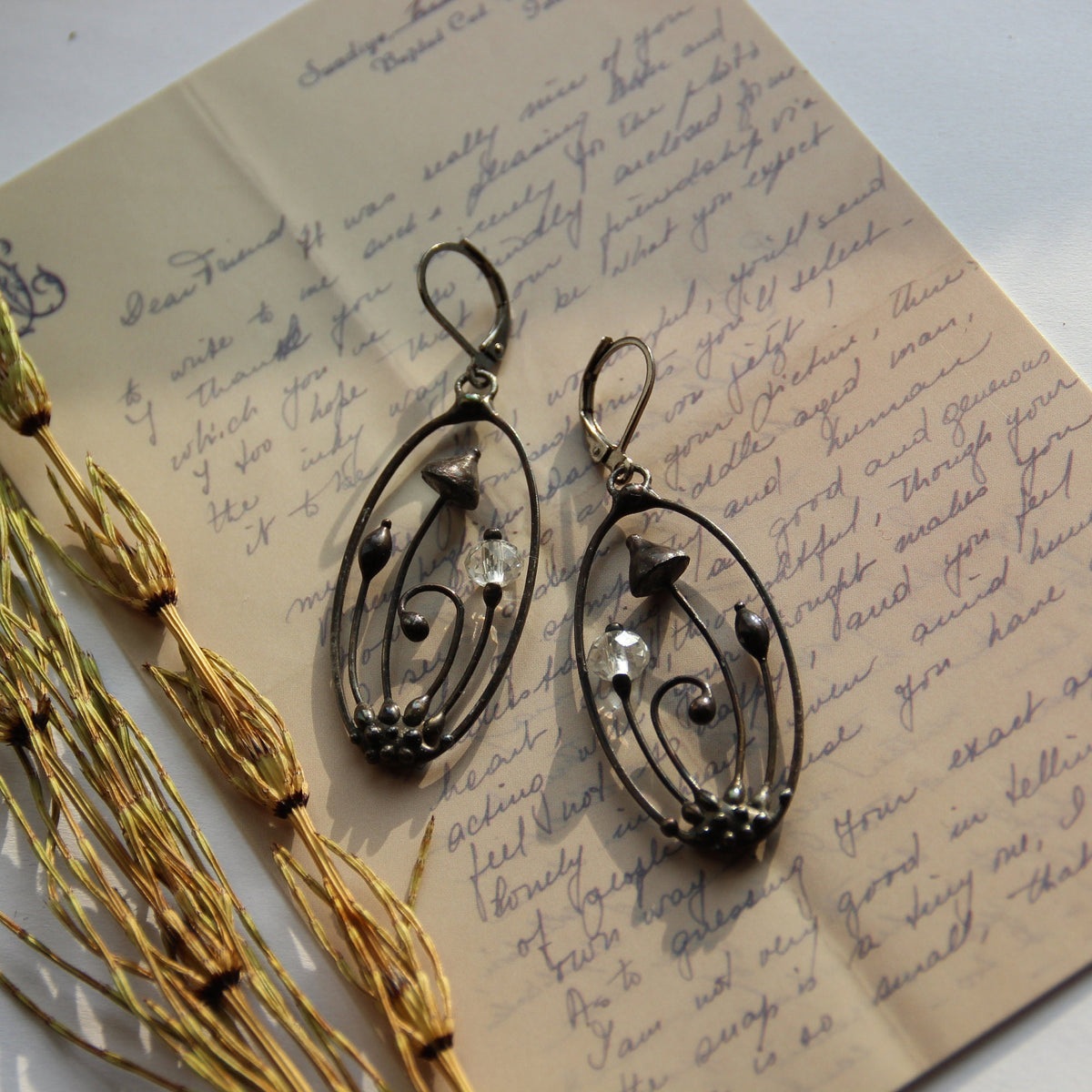 Faceted Clear Glass Mushroom Earrings – Blackened Copper