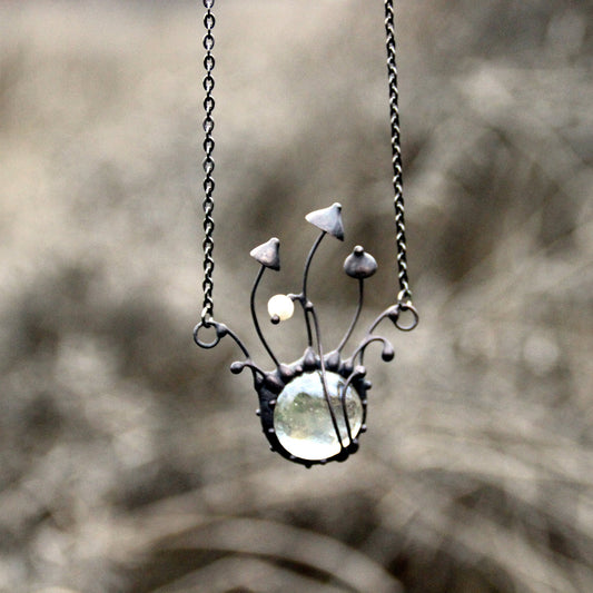 Clear Glass Pearl Mushroom Necklace – Blackened Copper Forest Centerpiece – Psychedelic