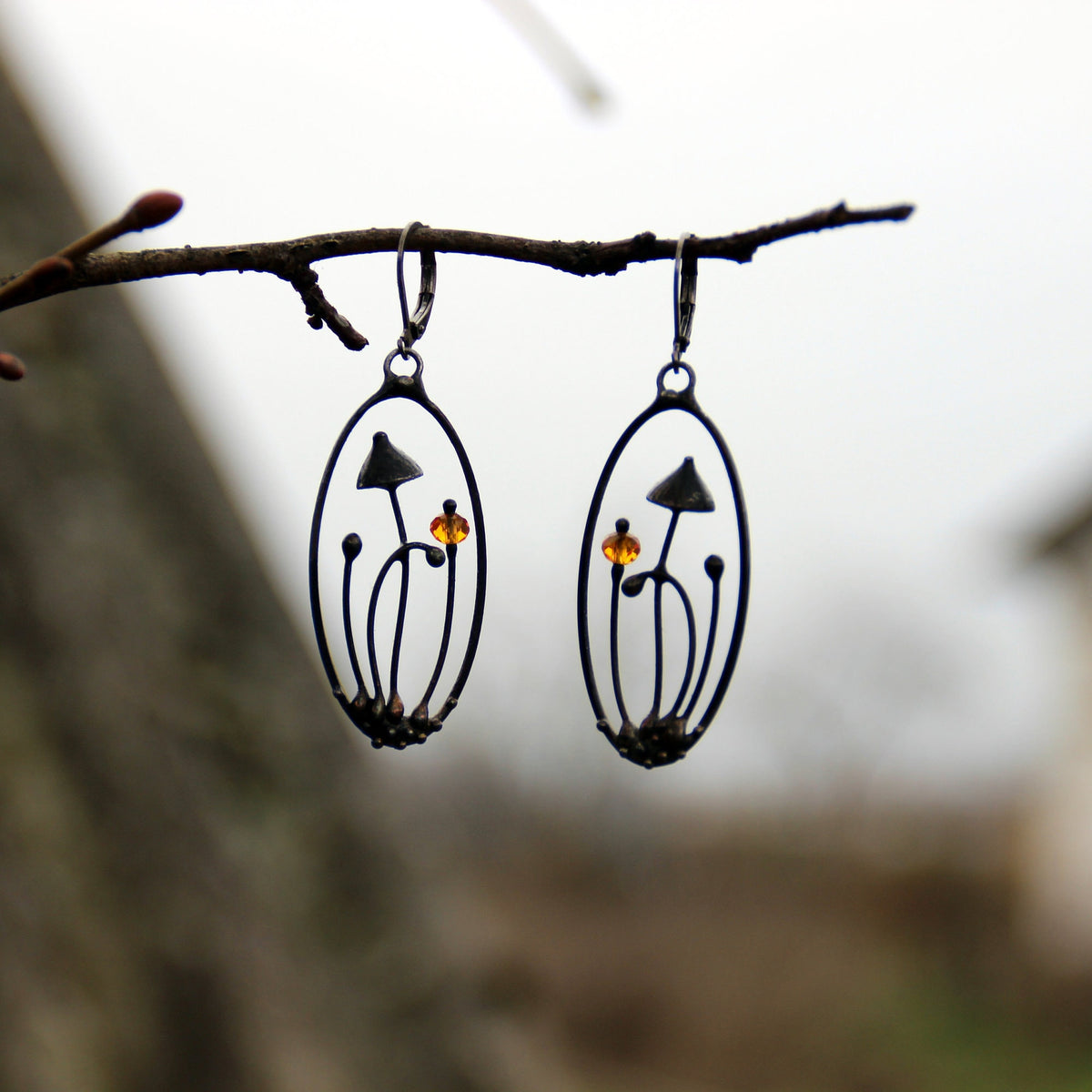 Yellow Glass Mushroom Earrings – Blackened Copper