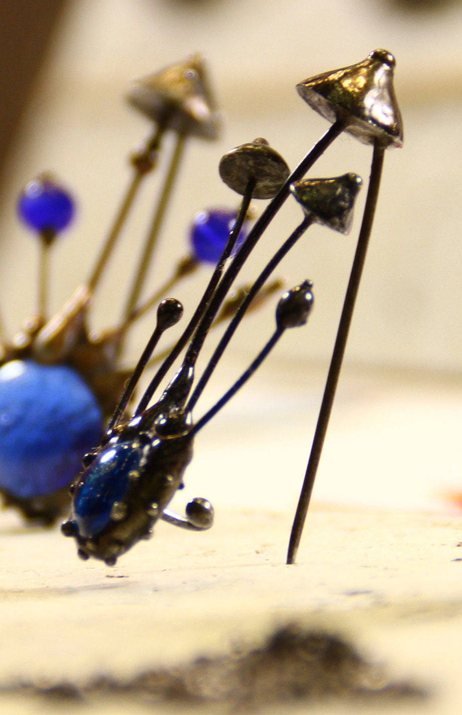 Blue Glass Mushroom Trio Brooch – Blackened Copper