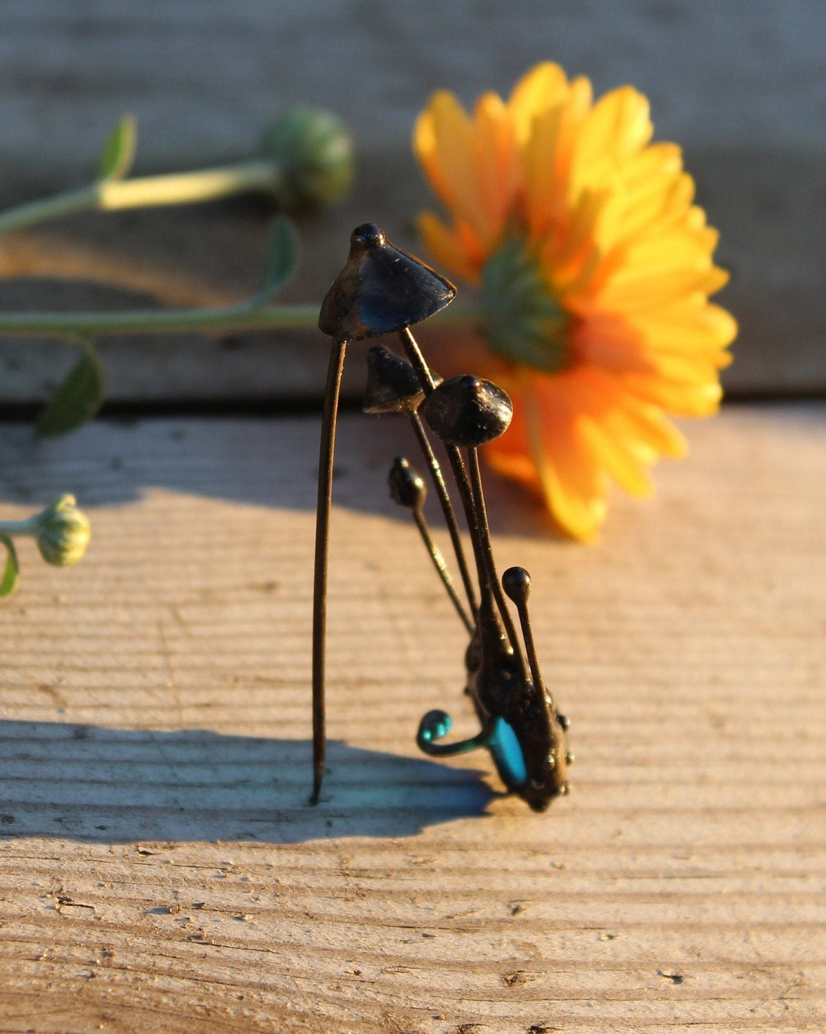 Blue Glass Mushroom Trio Brooch – Blackened Copper