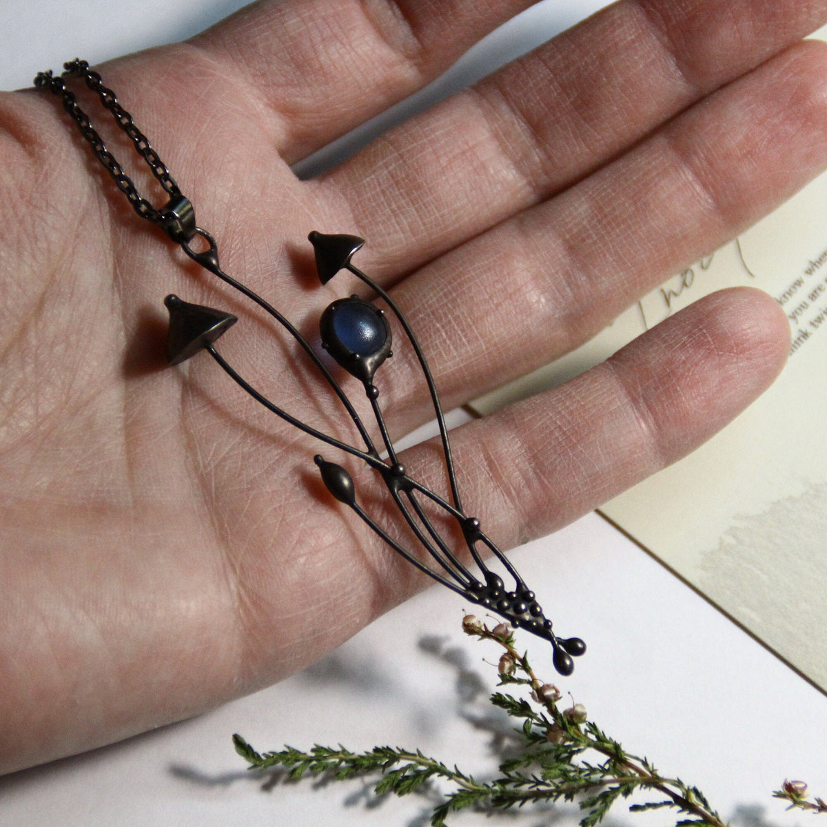 Blue Glass Mushroom Cluster Necklace – Blackened Copper