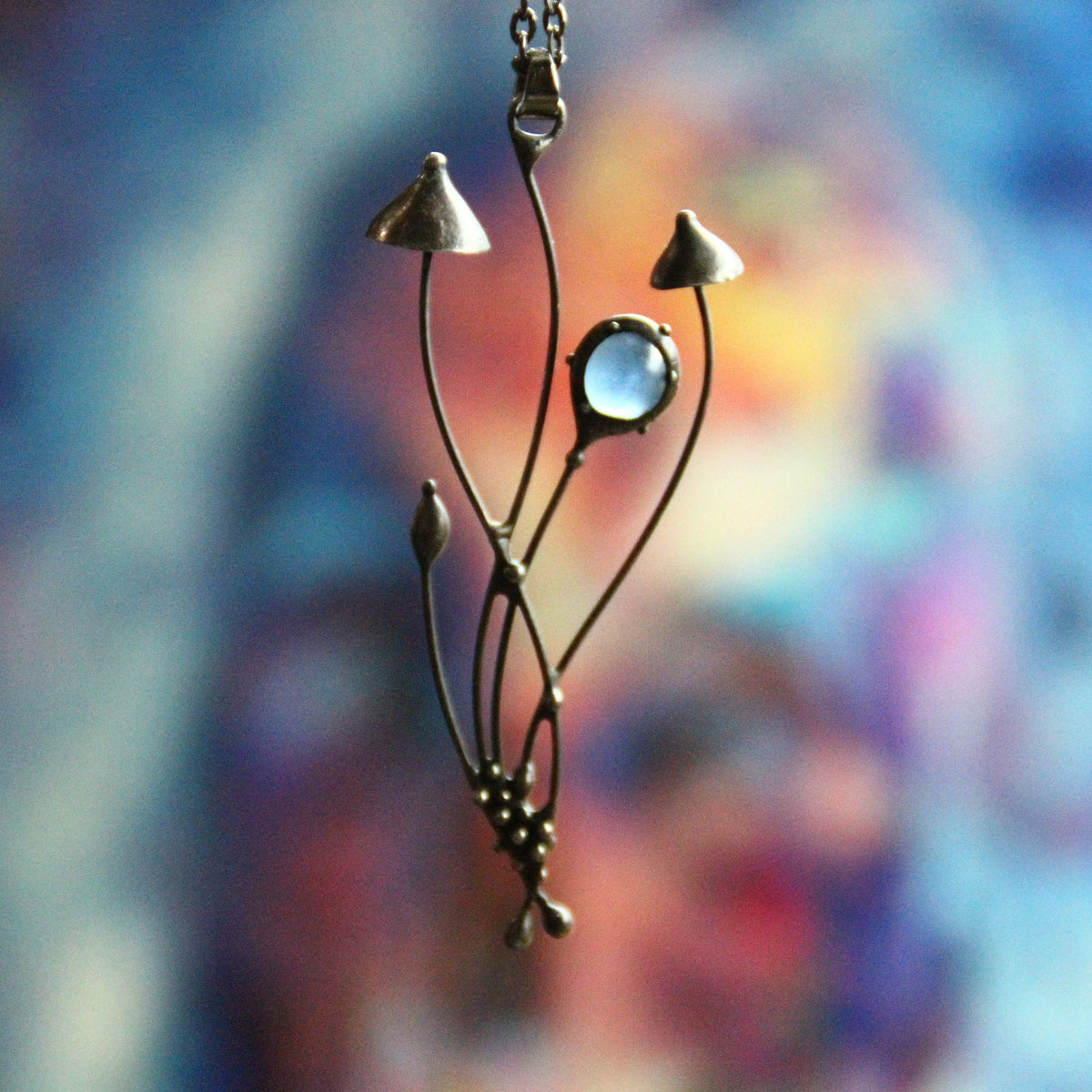 Blue Glass Mushroom Cluster Necklace – Blackened Copper