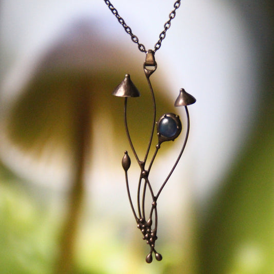 Blue Glass Mushroom Cluster Necklace – Blackened Copper