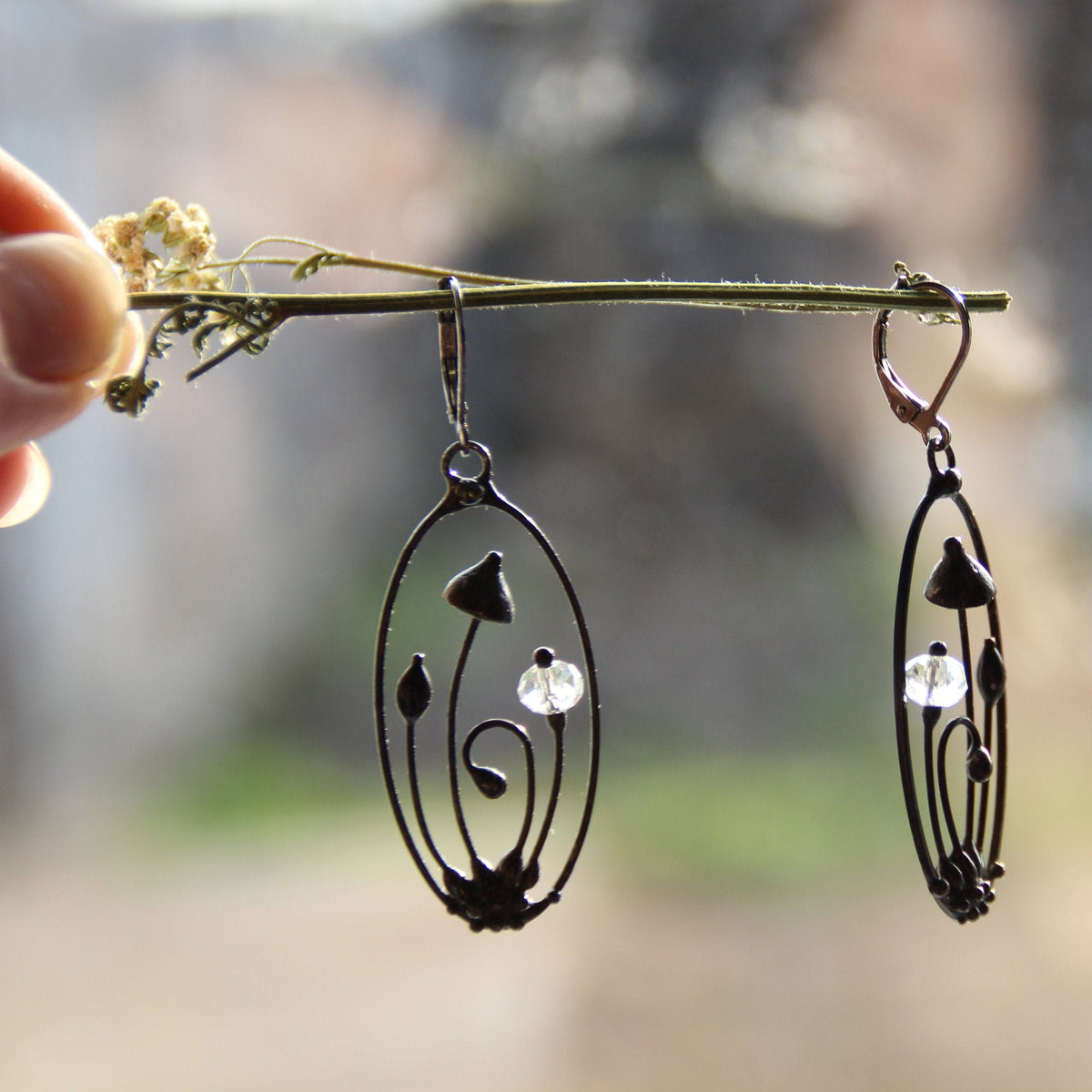 Faceted Clear Glass Mushroom Earrings – Blackened Copper