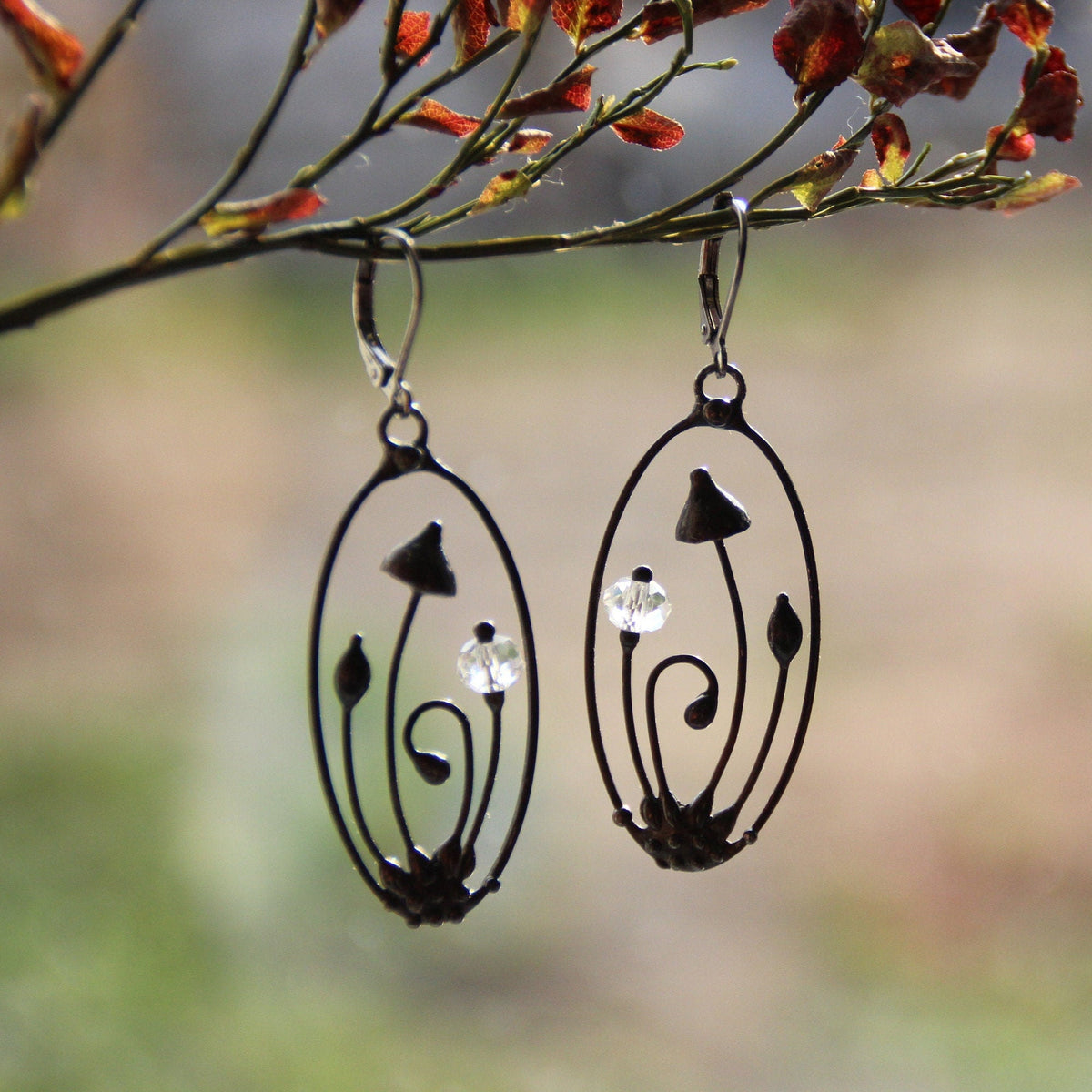 Faceted Clear Glass Mushroom Earrings – Blackened Copper