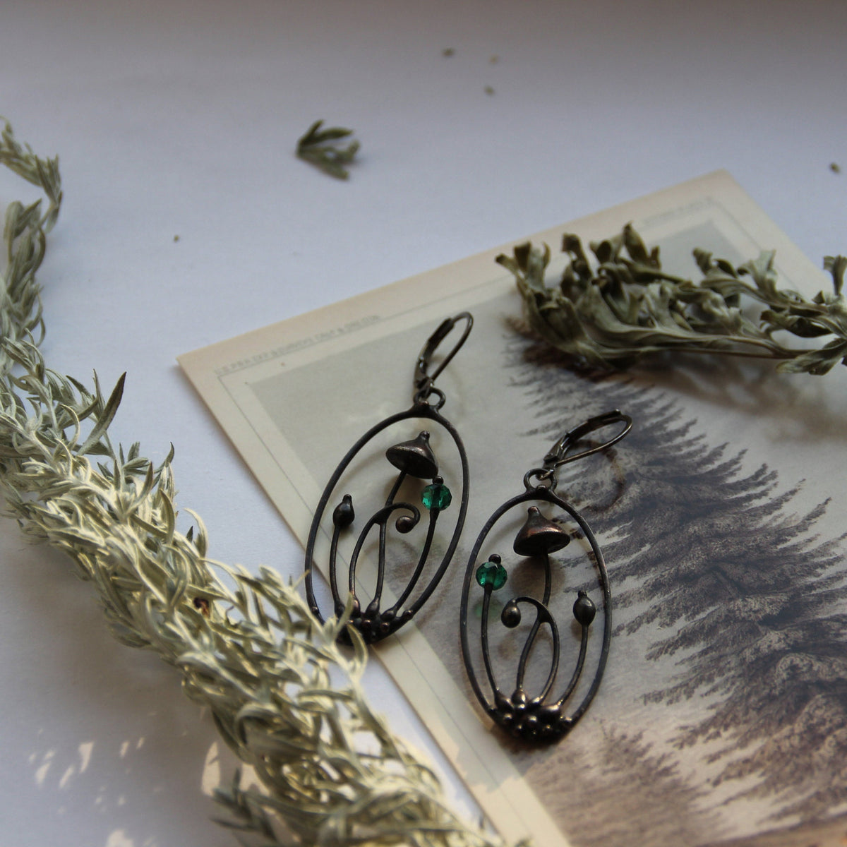 Faceted Green Glass Mushroom Oval Earrings – Blackened Copper